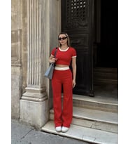 Crop Pantolon Biyeli Takım Kırmızı