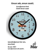İsme Özel Arabalı Çocuk Odası Duvar Saati Orta Boy 30 cm Siyah Camlı Sessiz