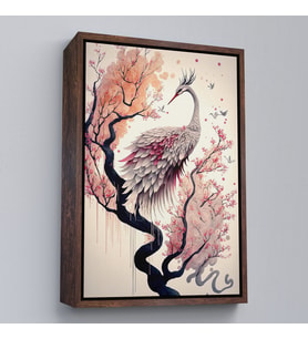 Çerçeveli Sakura Ağacındaki Güzel Turna Tablosu (Kahverengi)