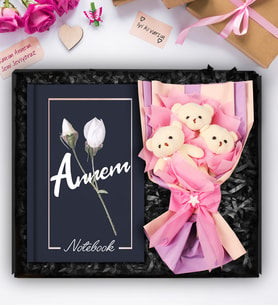 Anneler Gününe Özel Üçlü Peluş Ayıcık Buketi & Özel Tasarım Defter Hediye Seti