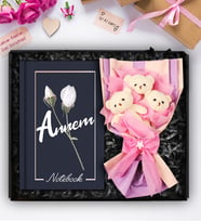 Anneler Gününe Özel Üçlü Peluş Ayıcık Buketi & Özel Tasarım Defter Hediye Seti