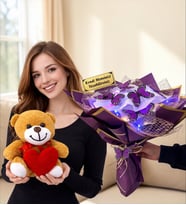 Size Özel Renkli Led Işıklı Mor Kelebek Buketi ve Peluş Ayıcık