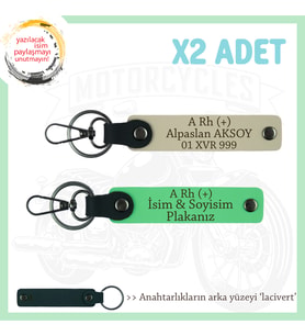 Motorcu Tarzı Plakalı & İsimli Deri x2' li Anahtarlık, A Rh (+) Kan Grubu ile, S Kahve-F Yeşil-Laci