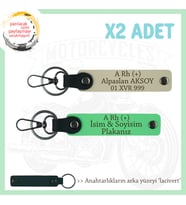 Motorcu Tarzı Plakalı & İsimli Deri x2' li Anahtarlık, A Rh (+) Kan Grubu ile, S Kahve-F Yeşil-Laci