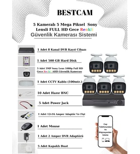 BESTCAM 5 Kameralı Set 5 Mega Piksel Sony Lensli FULL HD Gece Görüşü Renkli Güvenlik Kamera Seti 500 GB HDD