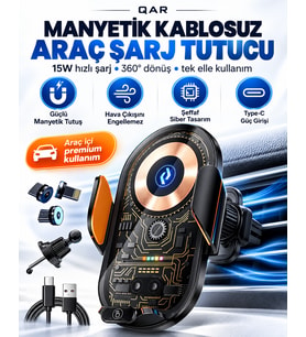 C13 Kablosuz Şarjlı Araç Telefon Tutucu Otomatik Açılıp Kapanan Kollu 360° Dönebilen Şeffaf Tasarım Metal Gövdeli Araç İçi Telefon Tutacağı