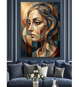 Başı Çizgilerle Sarmalanmış Kadın Portresi Dekoratif Kanvas - Mdf Ahşap Tablo