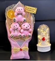 Kişiye Özel İsimli Büyük Boy 3'lü Ayıcık Buketi & Led Işıklı Fanus  Pembe Peluş Ayıcık Buketi (Model 1)