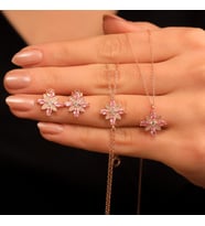 925 Ayar Gümüş Pembe Taşlı Kamelya Çiçeği Set