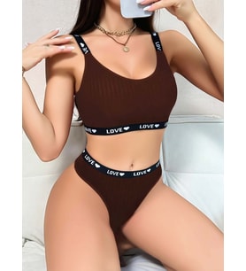 Kadın Kahverengi Love Yazılı Sütyen Kilot Takımı 5156