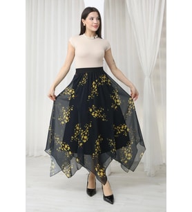 Beli Lastikli Asimetrik Şifon Etek 6071-Siyah / Sarı