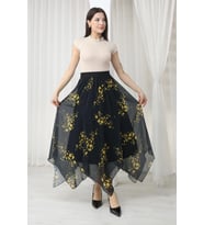 Beli Lastikli Asimetrik Şifon Etek 6071-Siyah / Sarı