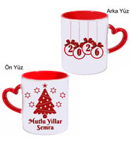 Biresimden İsimli Yılbaşı Hediyesi Kalp Kulplu Mutlu Yıllar Kupa Bardak (Kırmızı-Beyaz)