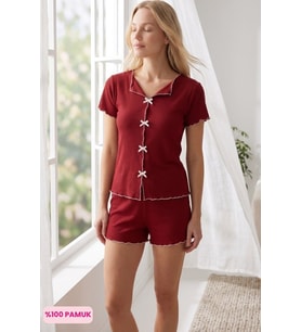 Çağrı Kadın Düğmesiz Fitilli Kumaş Fiyonklu %100 Pamuk Fırfır Kısa Kol Mini Şortlu Pijama Takımı
