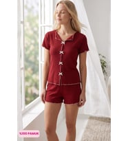 Çağrı Kadın Düğmesiz Fitilli Kumaş Fiyonklu %100 Pamuk Fırfır Kısa Kol Mini Şortlu Pijama Takımı