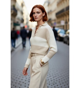 Kadın Oversize Polo Yaka Çizgili Düşük Kol Süper Crop Triko Kazak Kışlık Kombinlerin Gözdesi