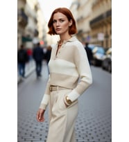 Kadın Oversize Polo Yaka Çizgili Düşük Kol Süper Crop Triko Kazak Kışlık Kombinlerin Gözdesi