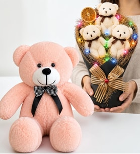 RENKLİ LED Işıklı Krem Peluş Ayıcık Buketi ve 50 cm Pembe Peluş Ayıcık Hediye Seti