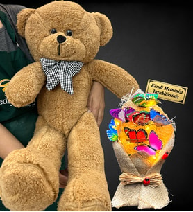 Size Özel Led Işıklı İsimli Ayıcık Buketi ve Büyük Boy 80cm Kahve Peluş Ayıcık (Model 7)