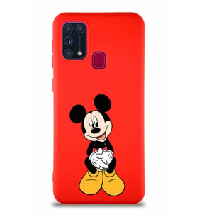 Samsung Galaxy M31 Soft Premier Kapak Mickey Mouse-A Tasarımlı Silikon Kılıf - Kırmızı (Şeffaf)