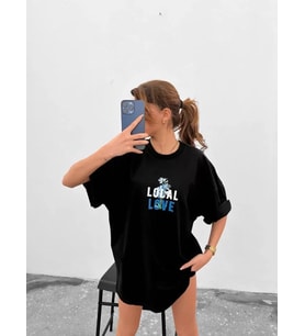 Unisex Bisiklet Yaka Baskılı Oversize T-Shirt - Siyah