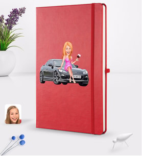 BK Gift Kişiye Özel Plakalı Kadın Mazda RX-8 Karikatürlü Kırmızı Termo Deri Defter 16x24cm Model 1