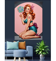 Sarmal Şeker Yiyen Pin-Up Kız Dekoratif Kanvas - Mdf Ahşap Tablo
