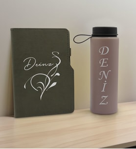 BK Gift Kişiye Özel İsimli Mat Gri Termo Deri Defter ve Cam Matara Hediye Seti-6, Sevgiliye Hediye, Arkadaşa Hediye, Yeni İş Hediyesi