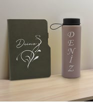 BK Gift Kişiye Özel İsimli Mat Gri Termo Deri Defter ve Cam Matara Hediye Seti-6, Sevgiliye Hediye, Arkadaşa Hediye, Yeni İş Hediyesi