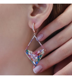 Renkli Baget Taşlı Rose Gold Kaplama Gümüş Küpe