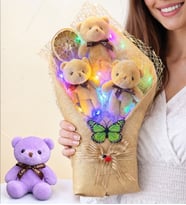 Büyük Boy Renkli Led Işıklı Peluş Ayıcık Buketi ve Mor Kahve Anahtarlık