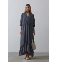 Çizgili Oversize V Yaka Elbise - Lacivert (Lacivert)