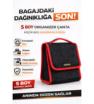 Oto Bagaj Organizer Bagaj Çantası S Boy Kaymaz Cırt Bantlı Velur Kompakt Düzenleyici - Siyah Kırmızı