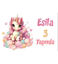 Pembe Unicorn Temalı Doğum Günü Afişi -7 35X50 cm