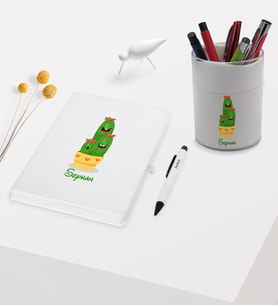BK Gift Kişiye Özel Kaktüs Tasarımlı Beyaz Defter Kalem ve Kalemlik Hediye Seti - Model 9
