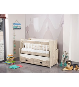 BESTE Çekmeceli 60 x 120 cm Sallanır Anne Yanı Ahşap Bebek Beşiği Meşe (Krem)