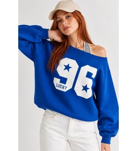 Kadın Lucky 96 Baskılı Kayık Yaka Çift Görünümlü Sweatshirt - Beyaz