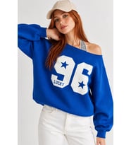Kadın Lucky 96 Baskılı Kayık Yaka Çift Görünümlü Sweatshirt - Beyaz