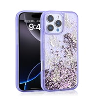 iPhone 16 Pro Max Kılıf Sıvılı Simli Kelebek Baskılı Şeffaf Arka Yüzey Glis Silikon Kılıf (Mor)