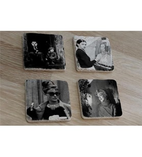 Charlie Chaplin Frida Kahlo Audrey Hepburn Marilyn Monroe Doğal Taş Bardak Altlığı 4'lü set - Natural Stone Coasters