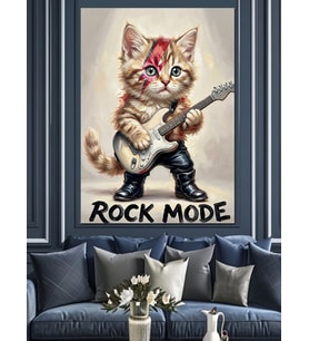 Rock Mode Açık Gitar Çalan Kedi Dekoratif Kanvas - Mdf Ahşap Tablo