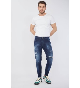 Erkek Skinny Fit Boya Detaylı Jean Koyu Mavi