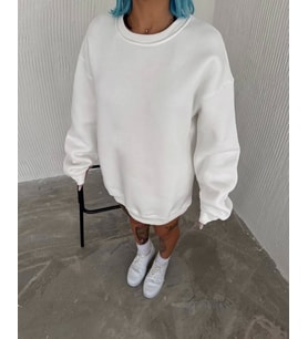 Kışlık Bisiklet Yaka Üç İplik Basic SweatShirt - Beyaz