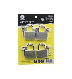 TUDOR TD-MS4 MASTER 4PCS JOKER ANAHTARLI=TEK ANAHTARLA 4 KİLİT AÇ 60MM - GRİ KISA KANCALI ÇELİK ASMA KİLİT (5680)
