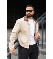 Kadife Yakalı Trucker Model Ceket (Krem)