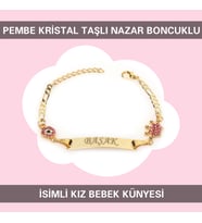 14 Ayar Altın Kaplama Pembe Kristal Taşlı İsimli Kız Bebek/Çocuk Künyesi IBCB032