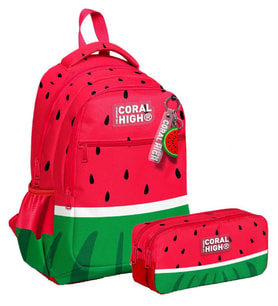 Coral High Üç Bölmeli İlkokul Sırt Çantası ve İki Bölmeli Kalemlik - Erkek Çocuk - Kırmızı Yeşil Karpuz