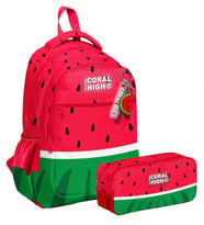 Coral High Üç Bölmeli İlkokul Sırt Çantası ve İki Bölmeli Kalemlik - Erkek Çocuk - Kırmızı Yeşil Karpuz