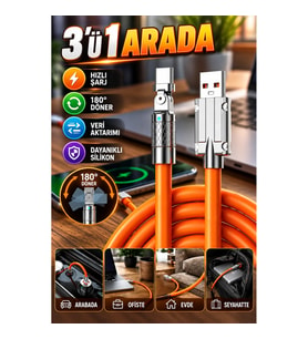 3'ü 1 Arada Hızlı Şarj ve Veri Kablosu – Android, iOS ve Type-C Uyumlu Silikon Kablo