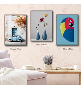 saksı renkli papağan bodrum sokakları saksı çiçek tablosu 3 adet 35cmx50cm kumaş baskılı canvas tablo